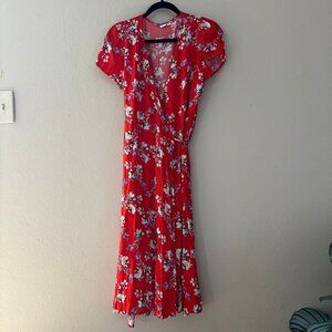 GAP Floral Print Red with Short Sleeves Wrap Midi Dress Size Medium